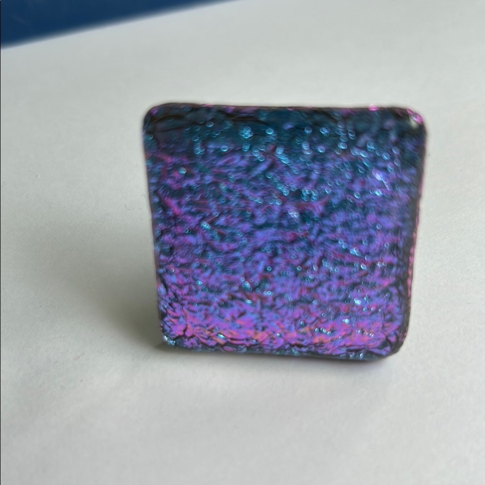 Iridescent, retro reflective, dichroic, glass Square Knob.